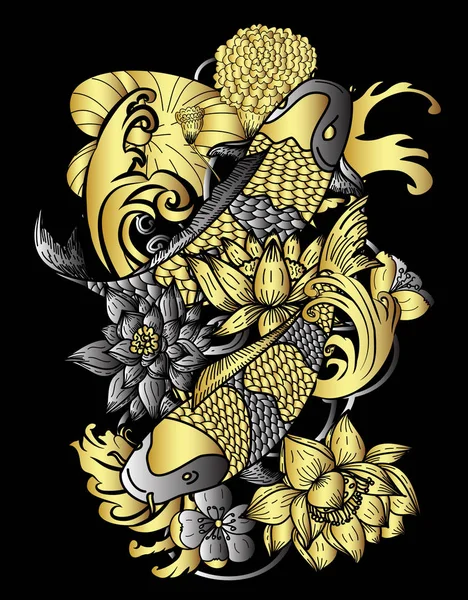 Золота Срібна Риба Кої Квіткою Китайською Хвилею Вектор Чорному Тлі — стоковий вектор