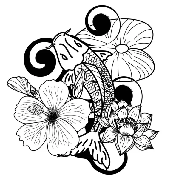 Ilustração vetorial desenhada à mão de peixes Koi com flor
