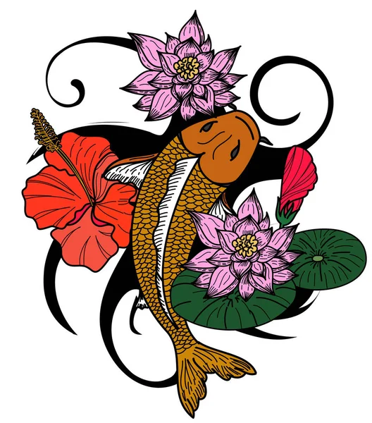 Όμορφη Γραμμή Τέχνης Σχέδιο Τατουάζ Κυπρίνου Πολύχρωμα Fish Και Λουλούδι — Διανυσματικό Αρχείο