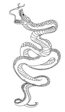 Arkaplanda etiket baskısı için renkli bir yılan. Dövme stili veya tişört üzerine baskı için kral yılan vektörü. Beyaz arka planda izole edilmiş karalama sanatı için kobra yılanı çizimi. Japon dövmesi..