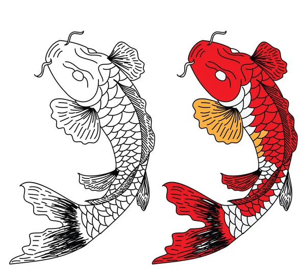中国新年吉祥 手绘科伊鲤鱼 白色背景的金鱼 背靠背过节的金鱼 科伊鱼美丽的线条艺术 — 图库矢量图片