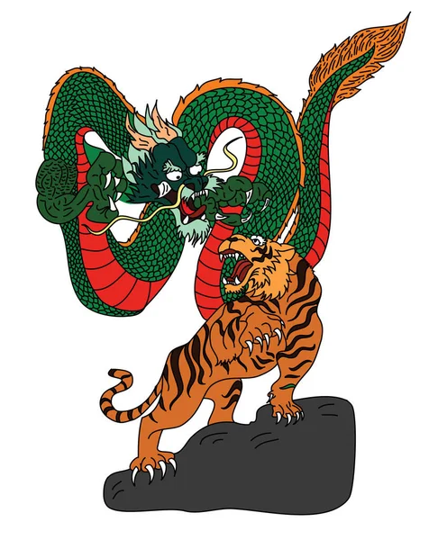 Dragón Japonés Con Tigre Tattoo Tiger Dragon Vector Lucha — Vector de stock