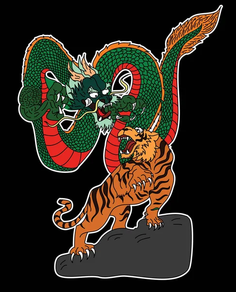 Dragão Japonês Com Tatuagem Tigre Tigre Dragão Vetor Luta —  Vetores de Stock