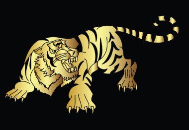 Tiger Sticker dövme tasarımı, siyah arka planda çizgi film kaplanı. Vektör.