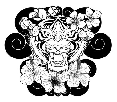 Kiraz çiçeği ve yükselen güneş dövmeli Doodle sanat tarzı kaplan yüzü. Kaplan geleneksel dövmesi. Sakura ve Hibiscus çiçek dövmeli çizgi kaplanı..