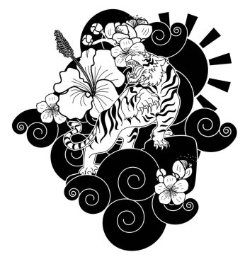 Kiraz çiçeği ve yükselen güneş dövmeli Doodle sanat tarzı kaplan yüzü. Kaplan geleneksel dövmesi. Sakura ve Hibiscus çiçek dövmeli çizgi kaplanı..