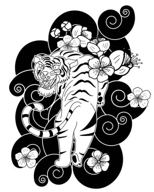 Kiraz çiçeği ve yükselen güneş dövmeli Doodle sanat tarzı kaplan yüzü. Kaplan geleneksel dövmesi. Sakura ve Hibiscus çiçek dövmeli çizgi kaplanı..