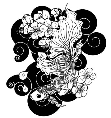 Arka planda elle çizilmiş beta balığı ve sakura vektörü. Karalama sanatı için beta balığı çizimi.