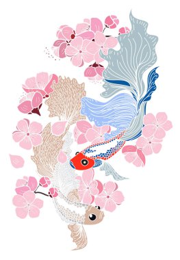 Arka planda elle çizilmiş beta balığı ve sakura vektörü. Karalama sanatı için beta balığı çizimi.