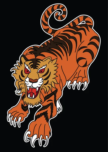 Tiger Sticker Tattoo Design Cartoon Tiger Auf Schwarzem Hintergrund Vector — Stockvektor