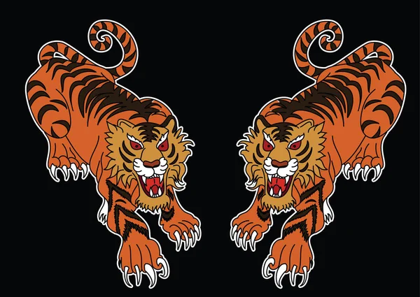 タイガーステッカーのタトゥーデザイン 黒の背景に漫画の虎 — ストックベクタ