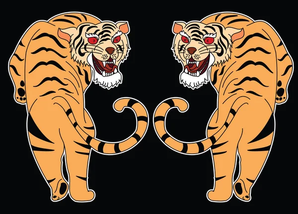 Tiger Sticker Tattoo Design Cartoon Tiger Black Background Vector — стоковый вектор