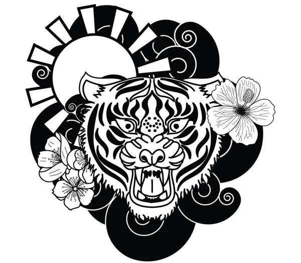 Doodle Arte Estilo Tigre Rosto Com Flor Cereja Crescente Tatuagem — Vetor de Stock