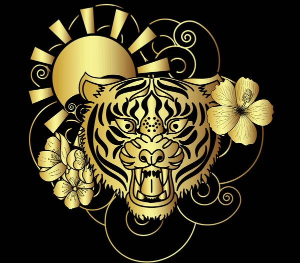 Doodle Art Stílus Tigris Arc Cseresznyevirág Felkelő Nap Tetoválása Tigris — Stock Vector
