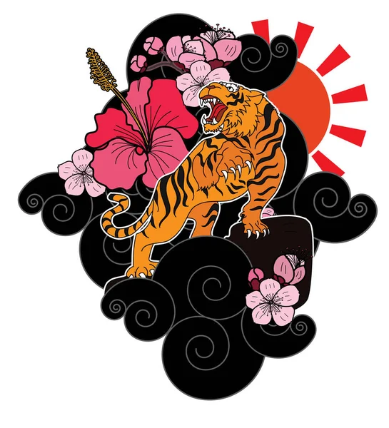 Cara Tigre Estilo Doodle Arte Con Flor Cerezo Naciente Sol — Vector de stock