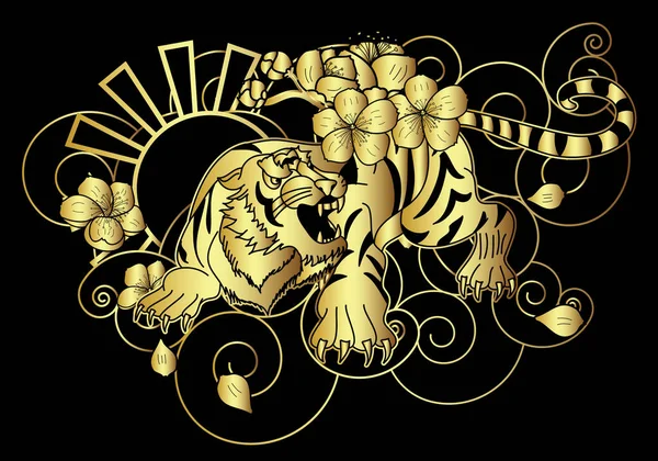 Doodle Art Stil Tigergesicht Mit Kirschblüte Und Aufgehender Sonne Tattoo — Stockvektor