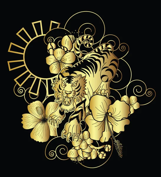 Лицо Тигра Стиле Лапши Цветком Вишни Татуировкой Восходящего Солнца — стоковый вектор
