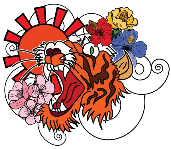 Doodle Art Style Visage Tigre Avec Fleur Cerisier Lever Soleil — Image vectorielle