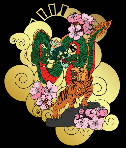 Dragão Japonês Batalha Tigre Nuvens Para Tatuagem Doodle Vector Ilustração — Vetor de Stock