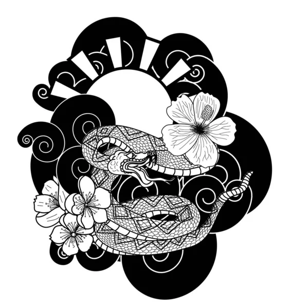 Bunte Schlangenkobra Tätowierung Handgezeichnete Kobra Mit Blume Und Wolkenvektor Isolieren — Stockvektor