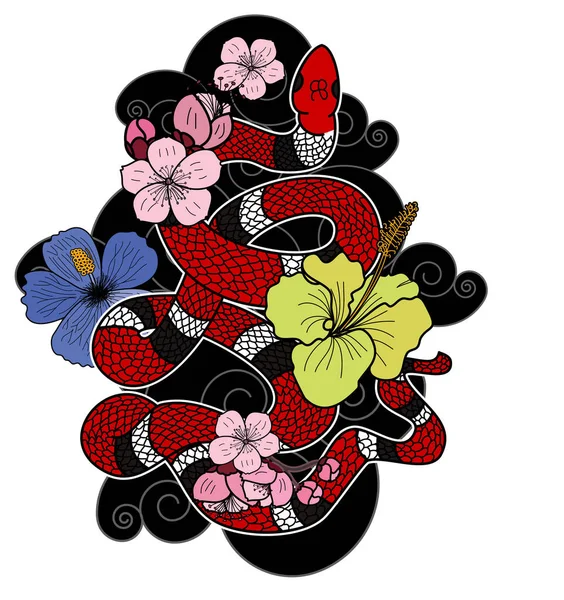 Colorful Snake Cobra Tattoo Hand Drawn Cobra Flower Cloud Vector — Stock Vector