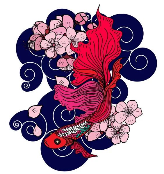 손으로 피쉬와 벡터를 배경으로 Beta Fish Vector Illustration Doodle Art — 스톡 벡터