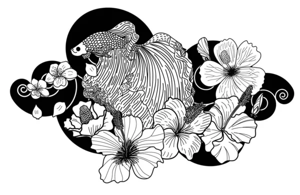 Pesci Beta Disegnati Mano Vettore Sakura Sullo Sfondo Illustrazione Vettoriale — Vettoriale Stock