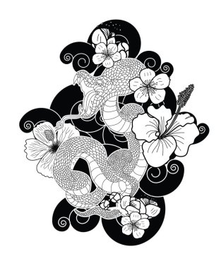 Kiraz çiçeği ve amber çiçeği dövmeli Japon yılanı..