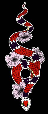 Yılanlar ve çiçekler. Dövme tasarımı. El çizimi yılan vektörü çizimi beyaz arkaplanda izole edildi.