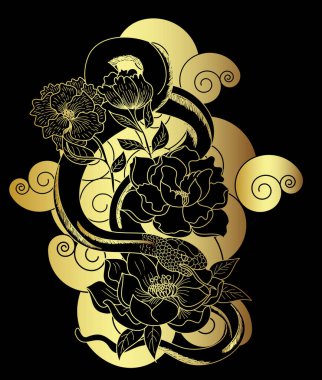 Renkli yılanlar ve çiçekler. Dövme dizaynı. Beyaz arkaplanda izole edilmiş el çizimi yılan vektör çizimi.