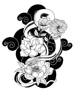 Renkli yılanlar ve çiçekler. Dövme dizaynı. Beyaz arkaplanda izole edilmiş el çizimi yılan vektör çizimi.