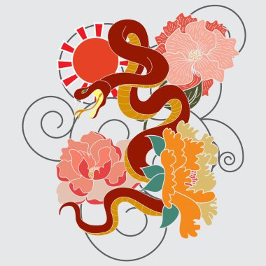 Renkli yılanlar ve çiçekler. Dövme dizaynı. Beyaz arkaplanda izole edilmiş el çizimi yılan vektör çizimi.