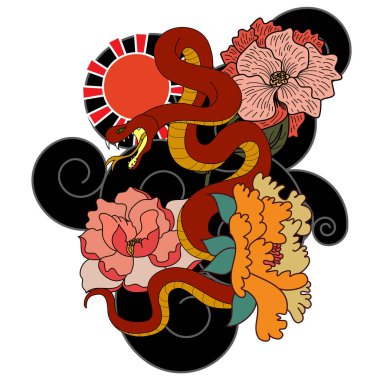 Renkli yılanlar ve çiçekler. Dövme dizaynı. Beyaz arkaplanda izole edilmiş el çizimi yılan vektör çizimi.