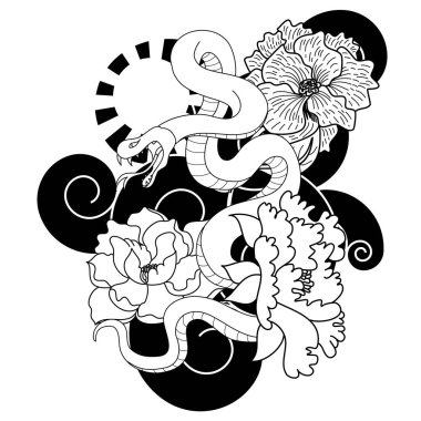 Renkli yılanlar ve çiçekler. Dövme dizaynı. Beyaz arkaplanda izole edilmiş el çizimi yılan vektör çizimi.