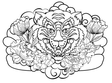 Geleneksel Japon kaplan yüzlü dövme şakayık çiçekli ve Japon dalgalı.