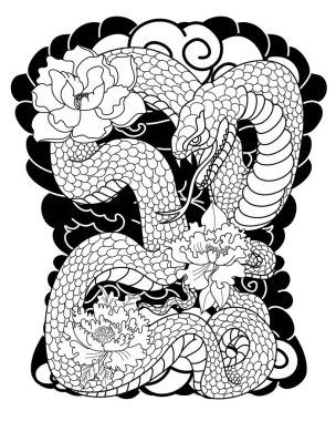 Renkli yılanlar ve çiçekler. Dövme tasarımı. El çizimi yılan vektör illüstrasyonu.