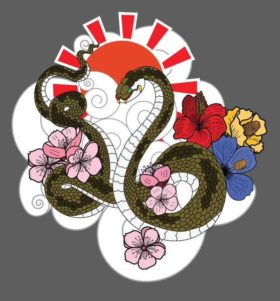 Japanese Snake Cherry Blossom Hibiscus Flower Tattoo — Stock Vector