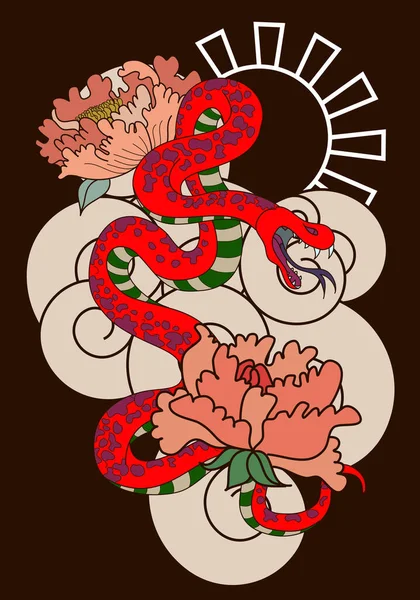 Kolorowe Węże Kwiaty Projekt Tatuażu Ręcznie Rysowane Wektor Węża Ilustracja — Wektor stockowy