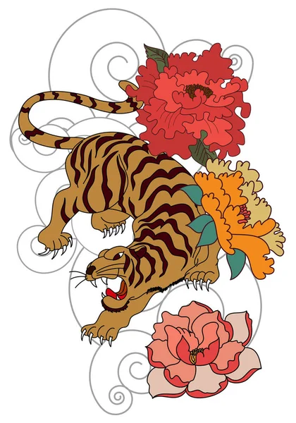 Golden Tiger Tattoo Hand Drawn Traditional Japanese Tiger Peony Blossom — Stock Vector