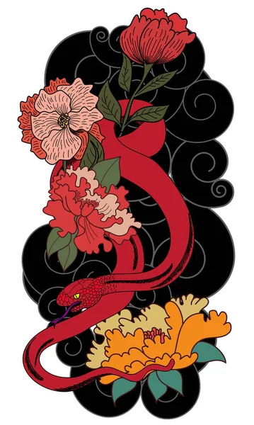 Cobras Coloridas Flores Desenho Tatuagem Ilustração Vetor Serpente Desenhada Mão — Vetor de Stock