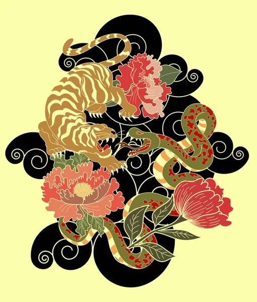 Tatuaż Węża Tygrysa Kwiatem Piwonii Tradycyjny Japoński Tygrys Tatuażem Węża — Wektor stockowy