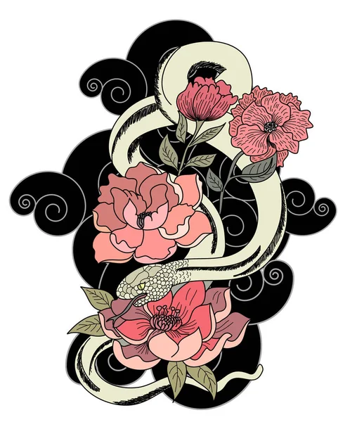 Kleurrijke Slangen Bloemen Tattoo Design Hand Getekende Slang Vector Illustratie — Stockvector