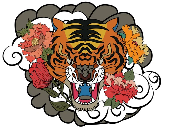 Tatuagem Tradicional Rosto Tigre Japonês Com Flor Peônia Onda Japonesa — Vetor de Stock