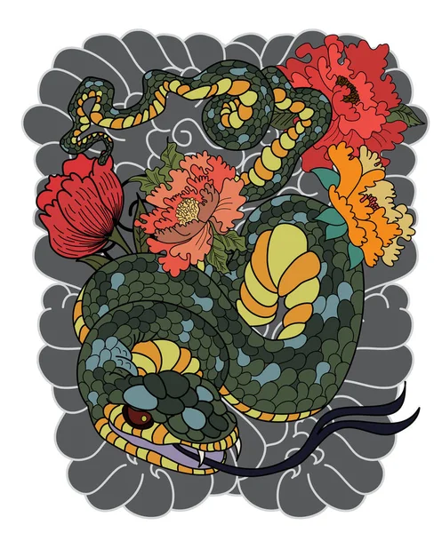 Colorful Snakes Flowers Tattoo Design Hand Drawn Snake Vector Illustration — Stock Vector