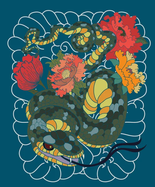 Cobras Coloridas Flores Desenho Tatuagem Ilustração Vetor Serpente Desenhado Mão — Vetor de Stock