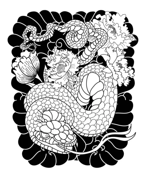 Bunte Schlangen Und Blumen Tätowierung Handgezeichnete Schlangenvektorillustration — Stockvektor