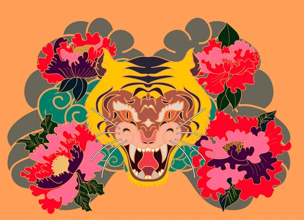 牡丹の花と日本の波と伝統的な日本の虎の顔の入れ墨 — ストックベクタ
