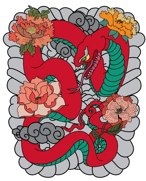 Serpientes Colores Flores Diseño Tatuaje Ilustración Vectorial Serpiente Dibujada Mano — Vector de stock