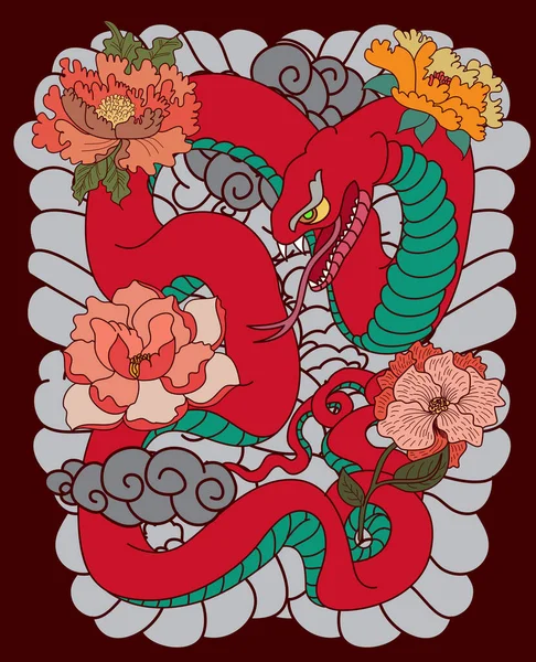 Cobras Coloridas Flores Desenho Tatuagem Ilustração Vetor Serpente Desenhado Mão — Vetor de Stock