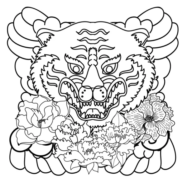 Tatouage Traditionnel Japonais Sur Visage Tigre Avec Fleur Pivoine Vague — Image vectorielle